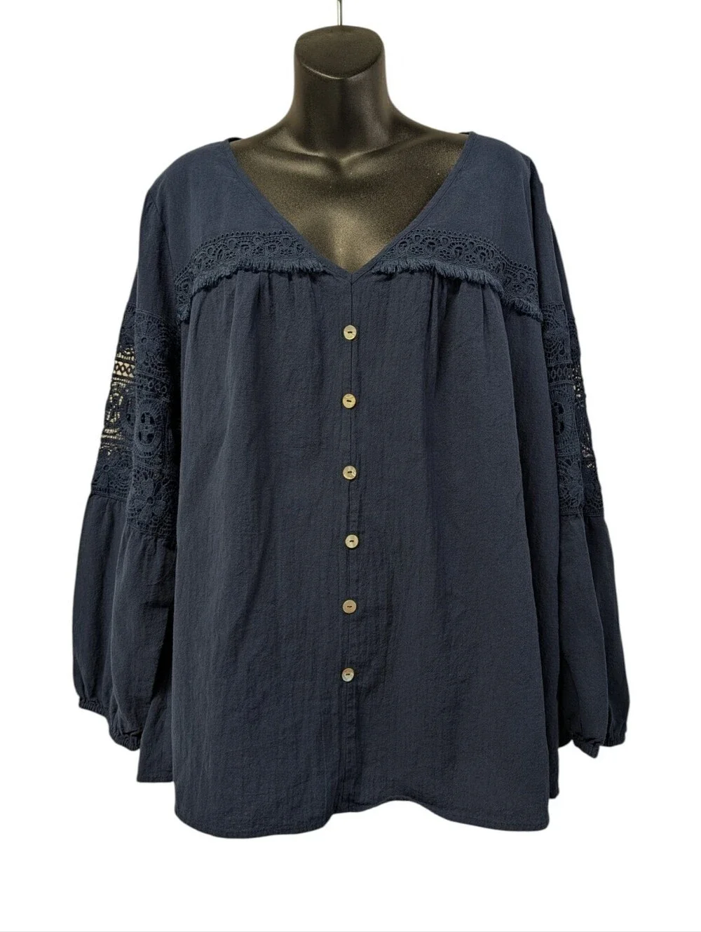 BloomChic Crochet Lace Sleeve Blouse Plus Size 18 20 Navy Boho Cotton Top - Picture 1 of 10